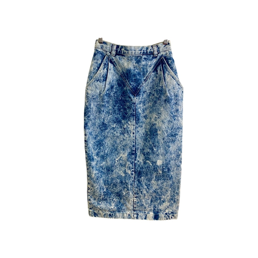 Vintage 80s Stuffed Shirt Acid Wash Denim Skirt High Waist Western V Yoke USA 25